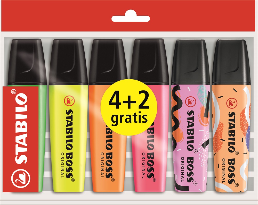 Stabilo BOSS ORIGINAL 4 különböző fluoreszkáló szín + 2 db AJÁNDÉK Ju Schnee Limited Edition szövegkiemelő(Használt - B)