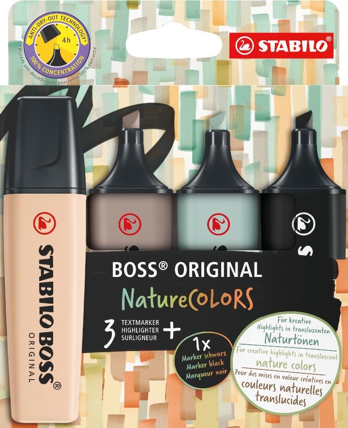 Stabilo BOSS ORIGINAL NatureCOLORS 4 db-os (bőrszín, meleg szürke, földzöld, fekete) szövegkiemelő készlet