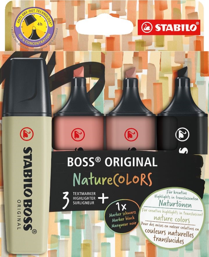 Stabilo BOSS ORIGINAL NatureCOLORS  4 db-os (sárzöld, vörösbarna, sötétbarna, fekete) szövegkiemelő készlet