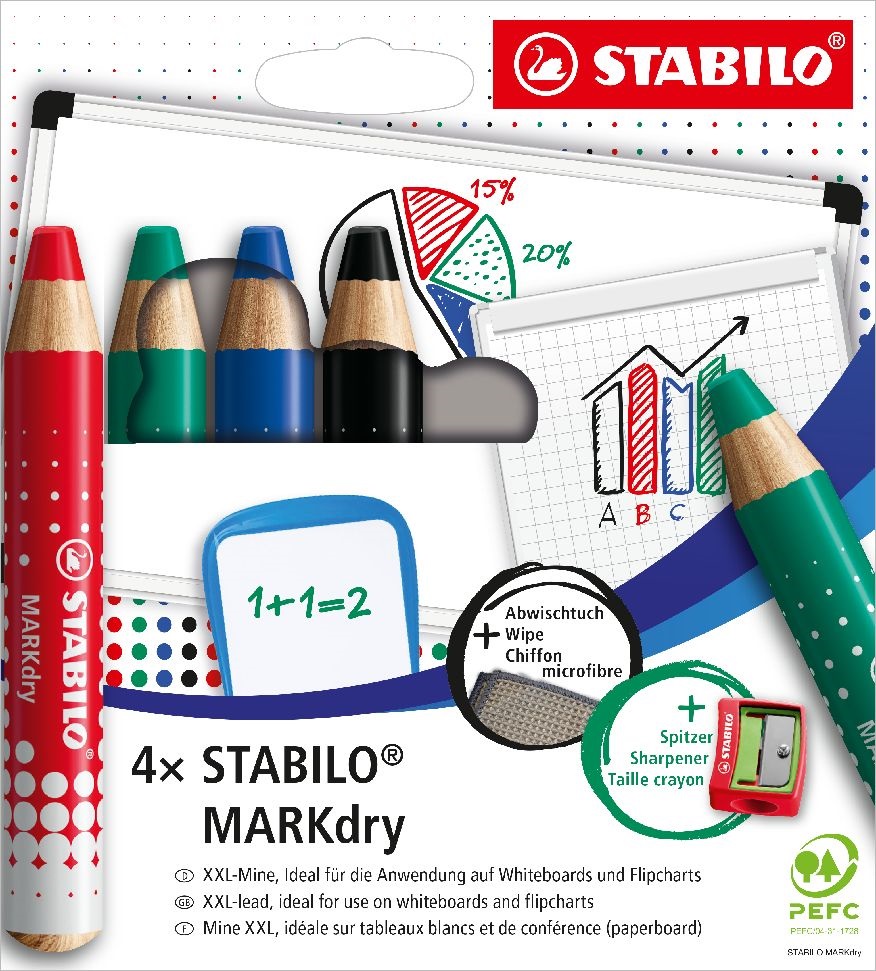 Stabilo MARKdry táblákhoz és flipchartokhoz 4db-os vastag színes táblaceruza készlet törlőkenővel és hegyezővel