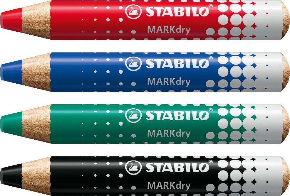 Stabilo MARKdry táblákhoz és flipchartokhoz 4db-os vastag színes táblaceruza készlet törlőkenővel és hegyezővel