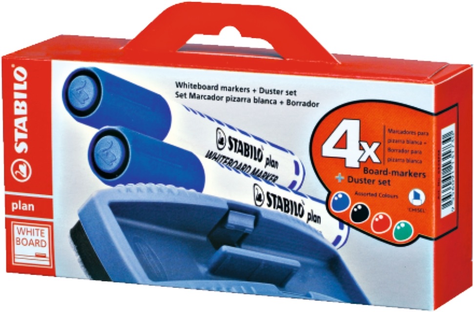 Stabilo Plan 2,5-3,5mm kúpos hegyű 4db-os vegyes színű táblamarker készlet + törlőszivacs