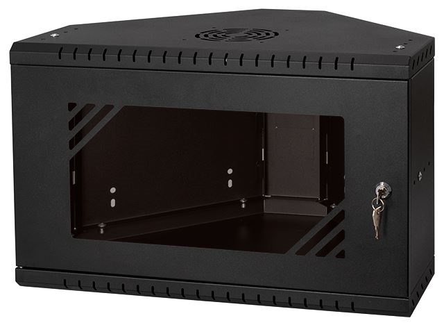 Stalflex CRC19-6U-330GB 19" 6U 330mm mély lapraszerelt fekete üveg ajtós fali rack sarokszekrény