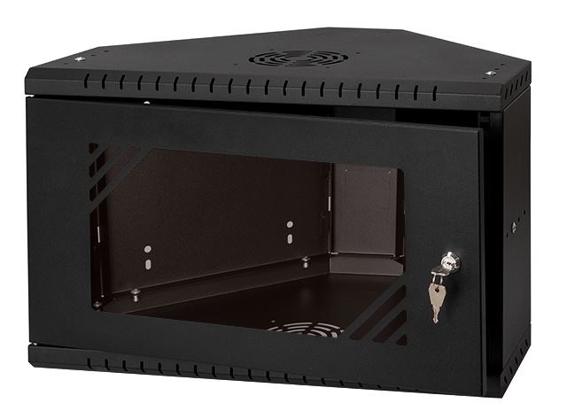 Stalflex CRC19-6U-330GB 19" 6U 330mm mély lapraszerelt fekete üveg ajtós fali rack sarokszekrény