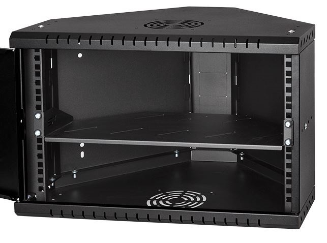 Stalflex CRC19-6U-330GB 19" 6U 330mm mély lapraszerelt fekete üveg ajtós fali rack sarokszekrény