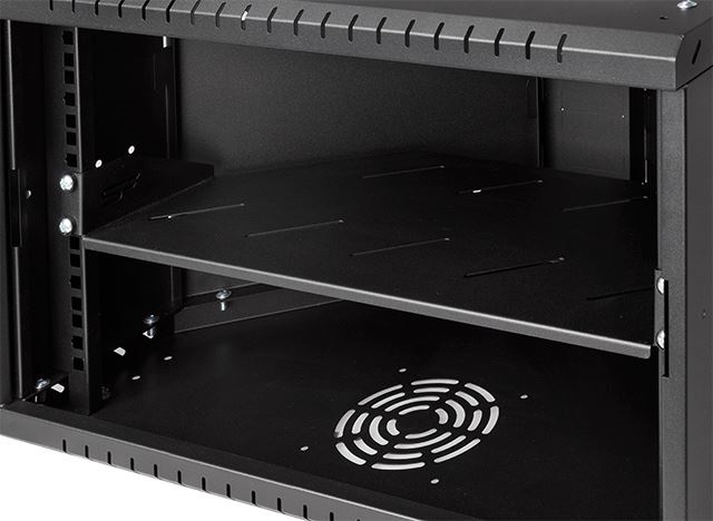 Stalflex CRC19-6U-330GB 19" 6U 330mm mély lapraszerelt fekete üveg ajtós fali rack sarokszekrény