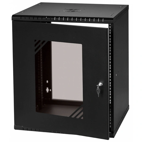 Stalflex RC19-12U-450GB 19" 12U 450 mm mély lapraszerelt fekete üveg ajtós fali rack szekrény (Újszerű)