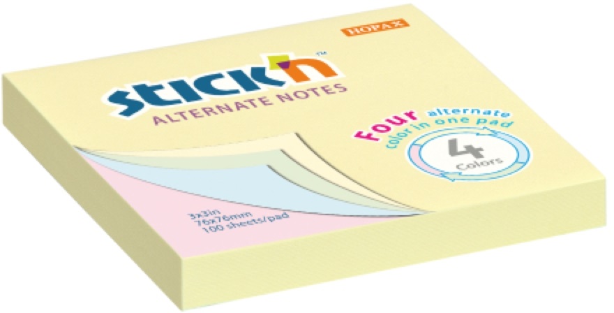 Stick`N 76x76 mm 100 lap 4 színű pasztell öntapadó jegyzettömb