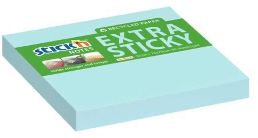 Stick`N ExtraSticky Recycled 76x76 mm 90 lap újrahasznosított pasztell kék jegyzettömb