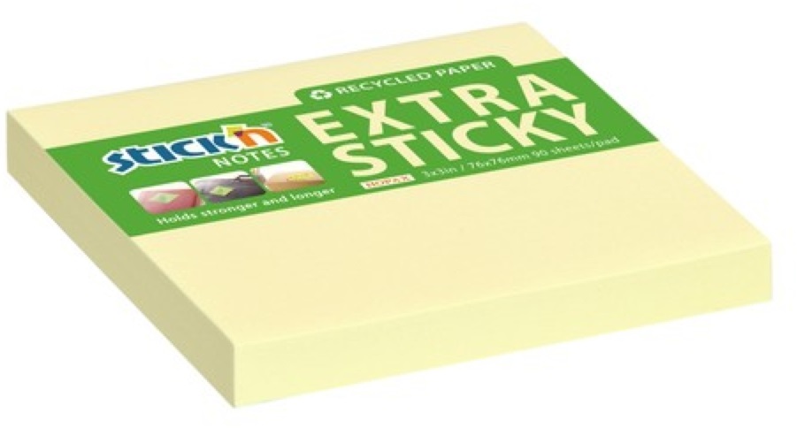 Stick`N ExtraSticky Recycled 76x76 mm 90 lap újrahasznosított pasztell sárga jegyzettömb