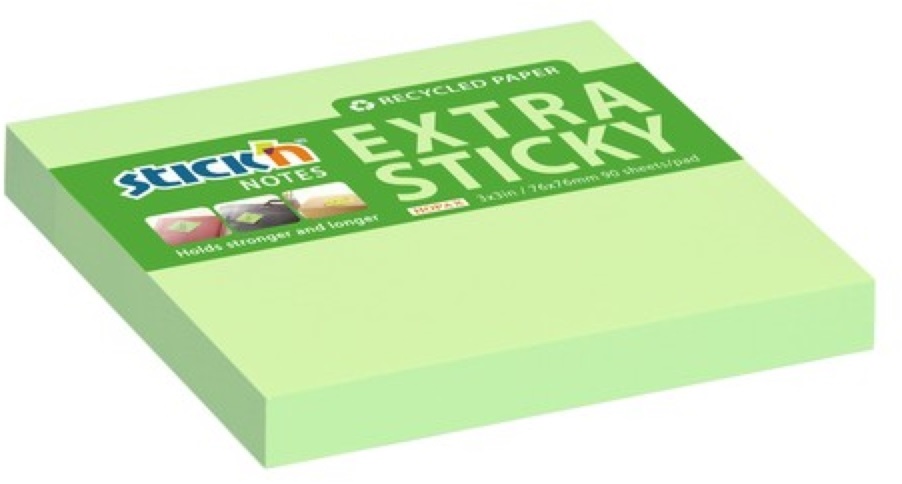 Stick`N ExtraSticky Recycled 76x76 mm 90 lap újrahasznosított pasztell zöld jegyzettömb