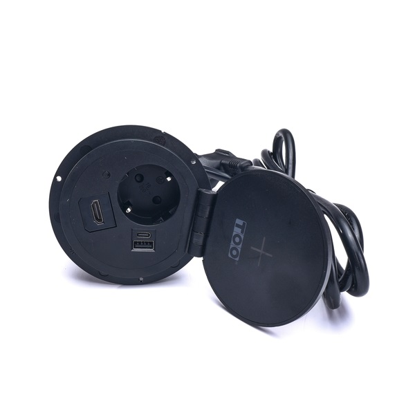 TOO GPS-103-1B IP20,1x 2P+F,USB-A,Type-C,Qi töltés,HDMI, fekete asztalba süllyeszthető elosztó (Újszerű)