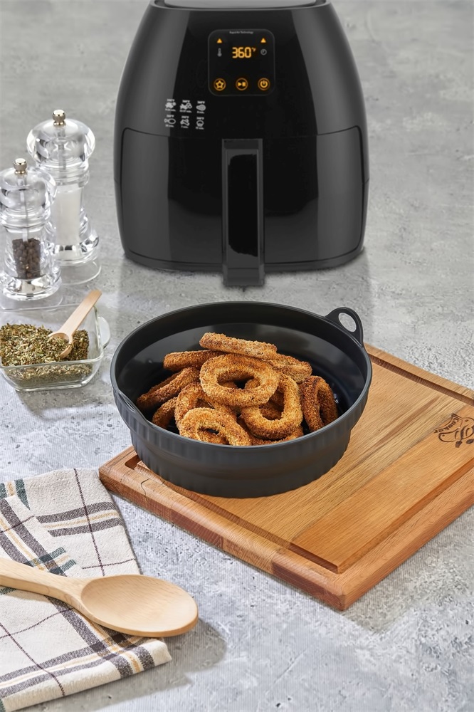 TOO összecsukható kerek szilikon forma forrólevegős sütőhöz (air fryer) 21cm átmérő, szürke, fekete vagy piros SL-3252