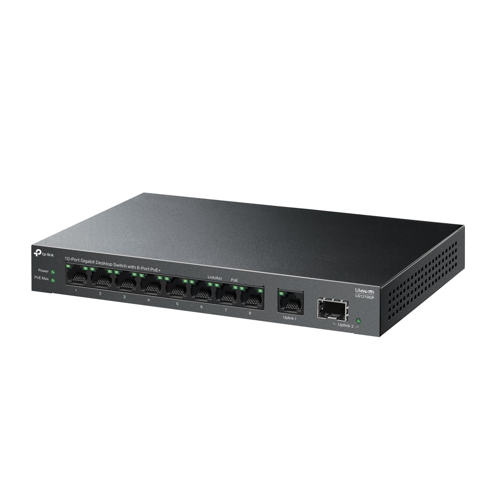 TP-Link LS1210GP 8xGbE PoE+ LAN 1xGbE LAN 1xGbE SFP port nem menedzselhető asztali PoE Switch