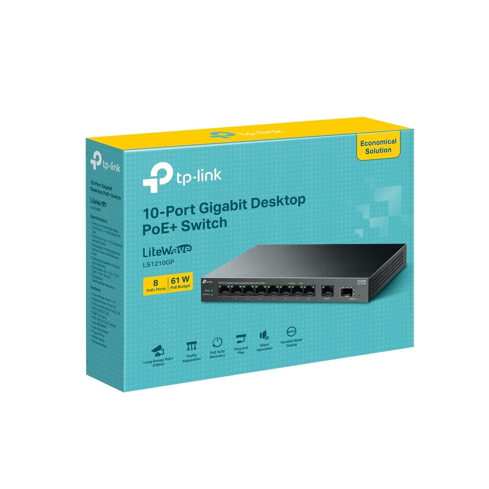 TP-Link LS1210GP 8xGbE PoE+ LAN 1xGbE LAN 1xGbE SFP port nem menedzselhető asztali PoE Switch