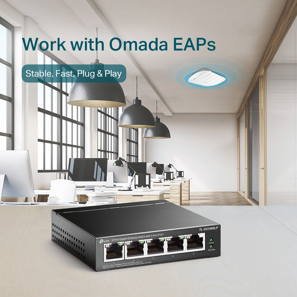 TP-Link TL-SG1005LP 5x10/100/1000Mbps LAN port 4xPoE+ nem menedzselhető asztali switch