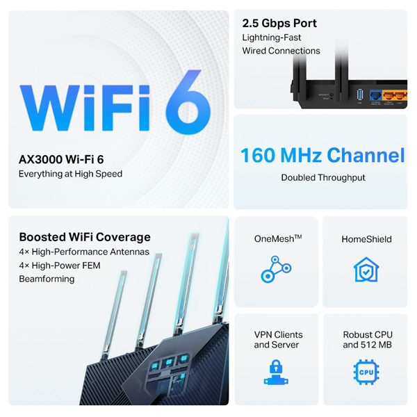 TP-Link Archer AX55 Pro AX3000 Wi-Fi 6 802.11ax Vezeték nélküli Multi-Gigabit Router