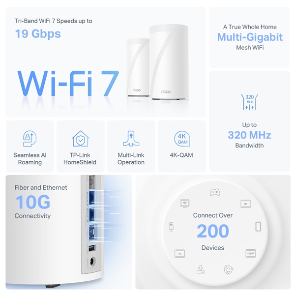 TP-Link Deco BE85(2-pack) BE19000 fehér háromsávos otthoni mesh Wi-Fi 7 rendszer (2db)
