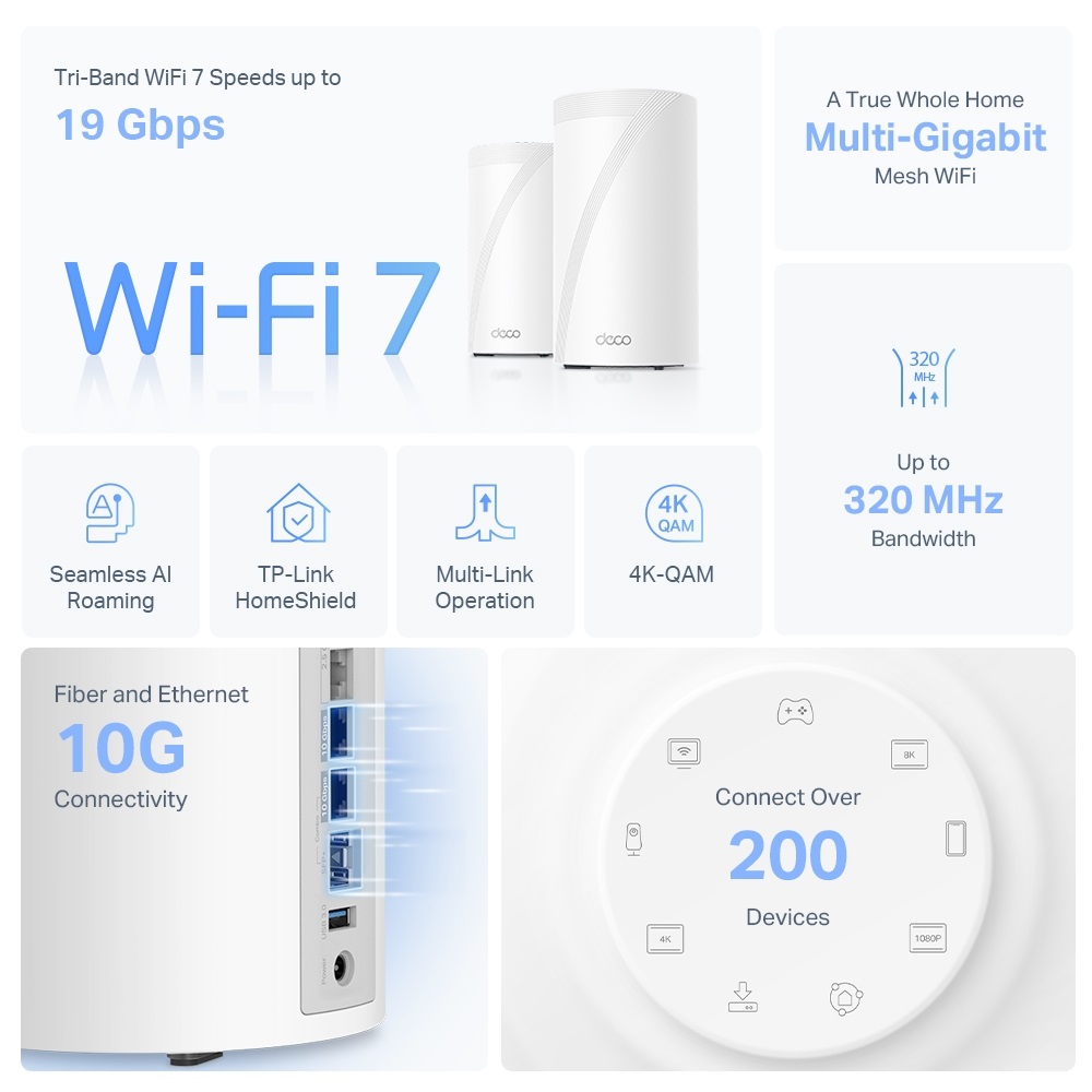 TP-Link Deco BE85(2-pack) BE19000 fehér háromsávos otthoni mesh Wi-Fi 7 rendszer (2db)