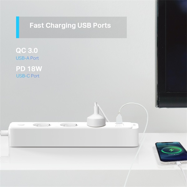 TP-Link Tapo P300 2db USB-A/1db USB-C fehér okos Wi-Fi-s túlfeszültségvédő hosszabbító