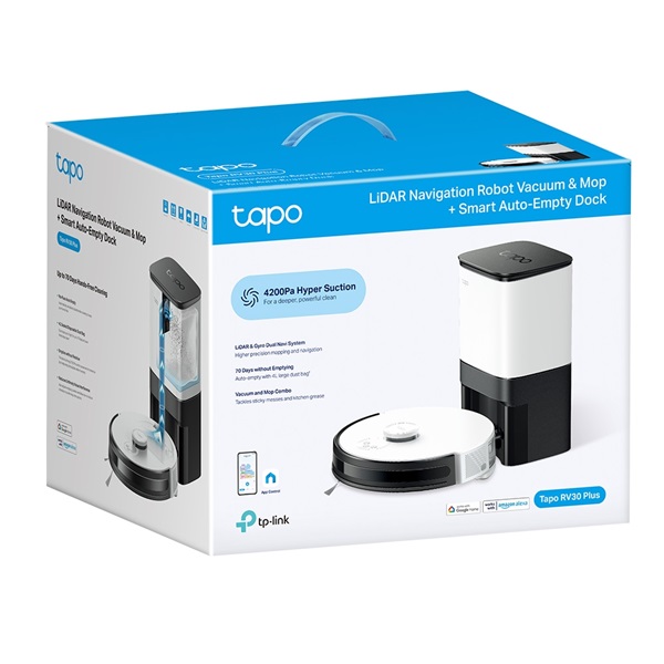 TP-Link Tapo RV30 Plus LiDAR navigációs robotporszívó és felmosó intelligens automatikus ürítő dokkolóval