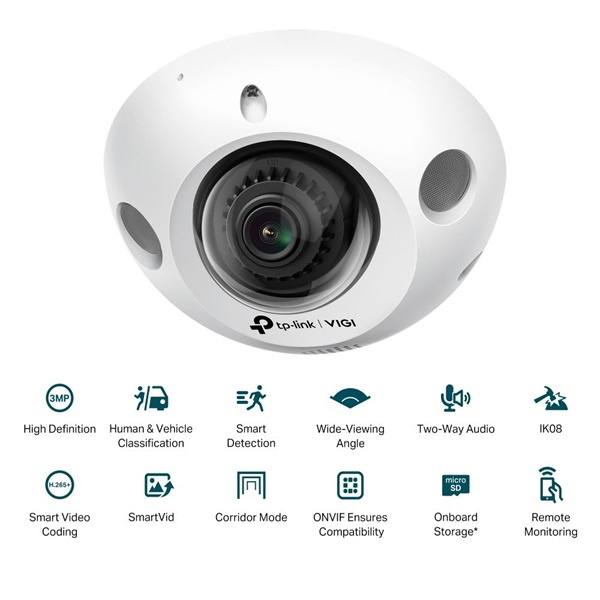 TP-Link VIGI C230I Mini /3MP/2,8mm/beltéri/H265/IR30m/SD/Smart Detection/kétirányú hang/IP mini dómkamera