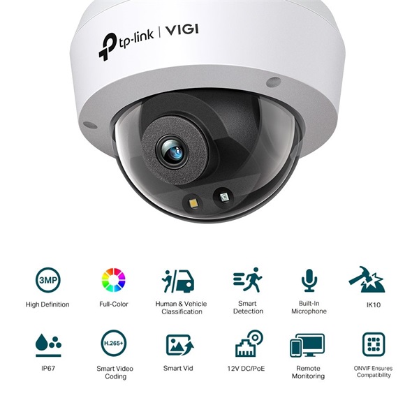 TP-Link VIGI C230 /3MP/2,8mm/kültéri/H265/IR30m/Smart Detection/beépített mikrofon/Full-Color IP dómkamera