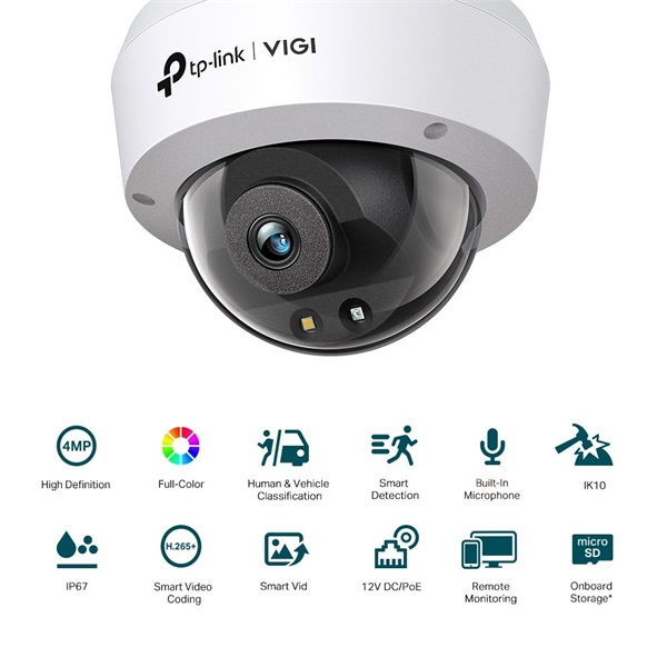 TP-Link VIGI C240 /4MP/2,8mm/kültéri/H265/IR30m/SD/Smart Detection/beépített mikrofon/Full-Color IP dómkamera