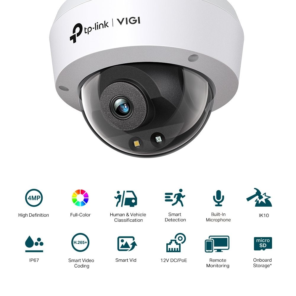 TP-Link VIGI C240 /4MP/2,8mm/kültéri/H265/IR30m/SD/Smart Detection/beépített mikrofon/Full-Color IP dómkamera