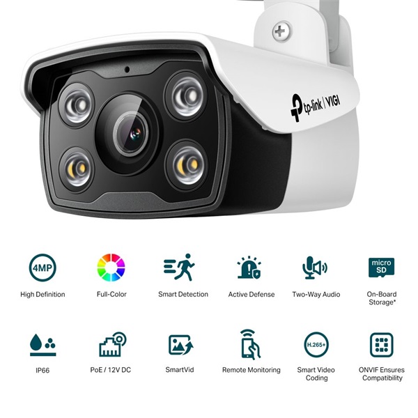 TP-Link VIGI C340 /4MP/4mm/kültéri/H265/IR30m/SD/Smart Detection/kétirányú hang/Full-Color IP csőkamera