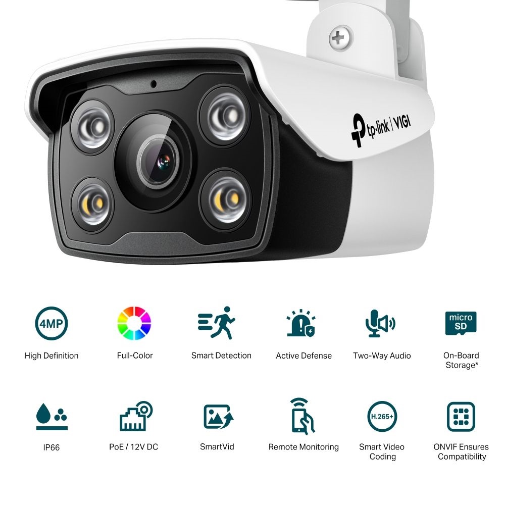 TP-Link VIGI C340 /4MP/4mm/kültéri/H265/IR30m/SD/Smart Detection/kétirányú hang/Full-Color IP csőkamera