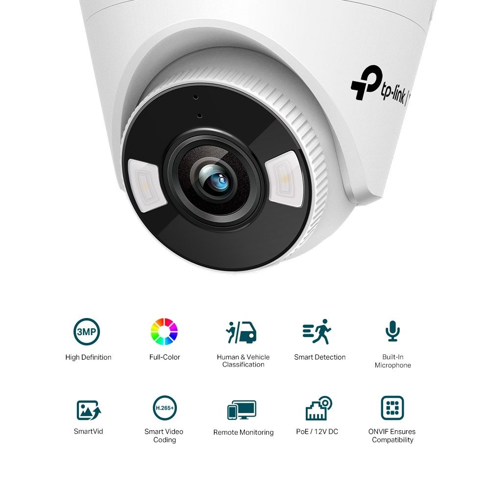 TP-Link VIGI C430 /3MP/2,8mm/beltéri/H265/IR30m/Smart Detection/beépített mikrofon/Full-Color IP turret kamera