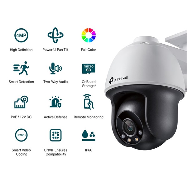 TP-Link VIGI C540 /4MP/4mm/kültéri/H265/IR30m/SD/Smart Detection/kétirányú hang/Full-Color IP PT kamera