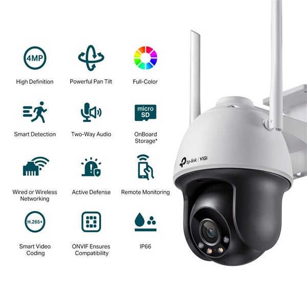 TP-Link VIGI C540-W /4MP/4mm/kültéri/H265/IR30m/SD/Smart Detection/kétirányú hang/Full-Color IP wifi PT kamera