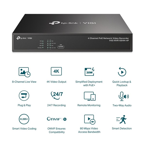 TP-Link VIGI NVR1004H-4P /4 csatorna/H265/80Mbps rögzítés/1x SATA/4x PoE+ hálózati rögzítő (NVR)