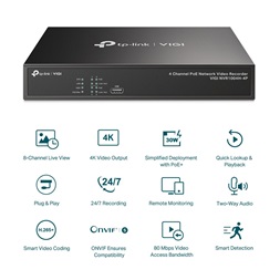 TP-Link VIGI NVR1004H-4P /4 csatorna/H265/80Mbps rögzítés/1x SATA/4x PoE+ hálózati rögzítő (NVR)