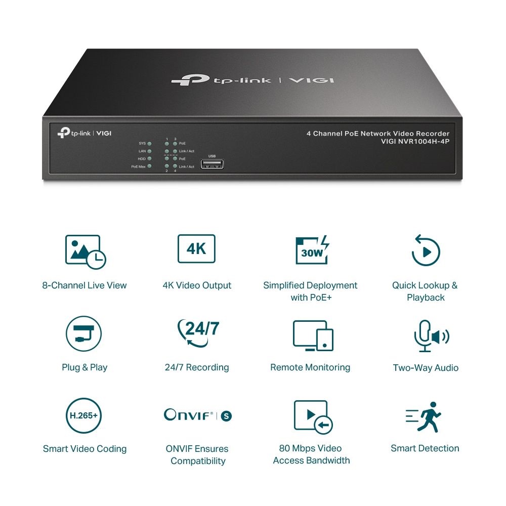 TP-Link VIGI NVR1004H-4P /4 csatorna/H265/80Mbps rögzítés/1x SATA/4x PoE+ hálózati rögzítő (NVR)