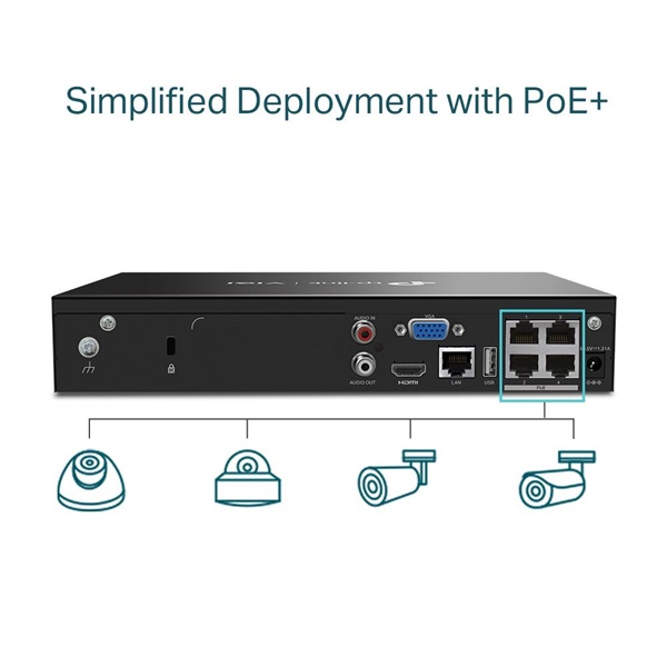 TP-Link VIGI NVR1004H-4P /4 csatorna/H265/80Mbps rögzítés/1x SATA/4x PoE+ hálózati rögzítő (NVR)