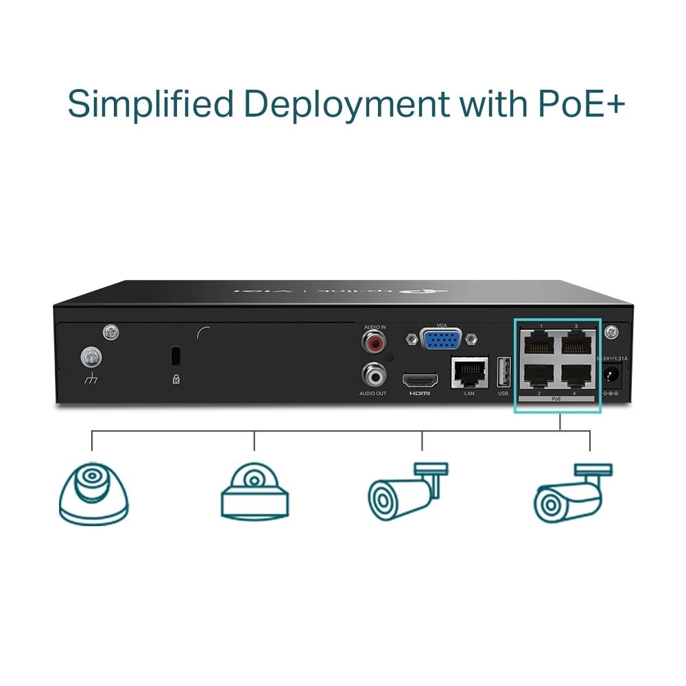 TP-Link VIGI NVR1004H-4P /4 csatorna/H265/80Mbps rögzítés/1x SATA/4x PoE+ hálózati rögzítő (NVR)