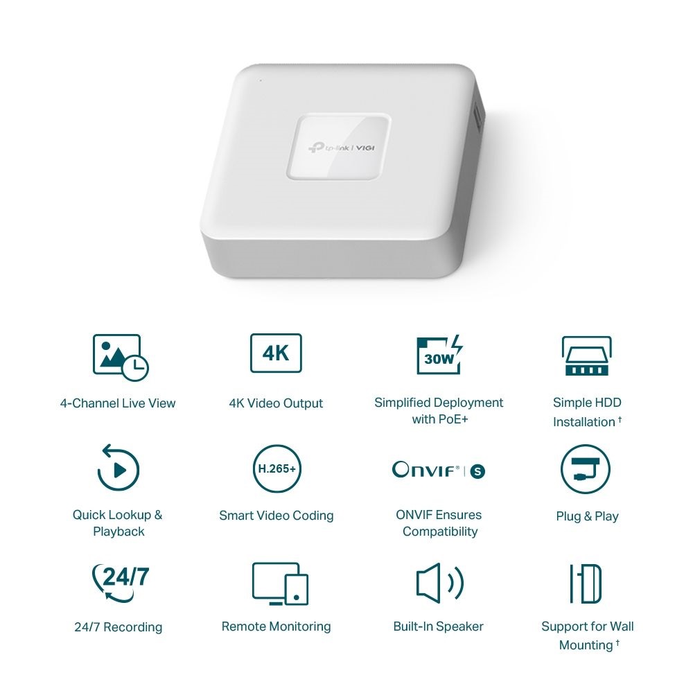 TP-Link VIGI NVR1104H-4P /4 csatorna/H265/80Mbps rögzítés/1x SATA/4x PoE+ hálózati rögzítő (NVR)