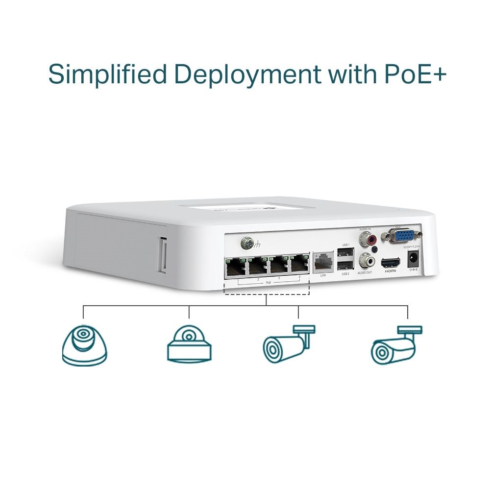 TP-Link VIGI NVR1104H-4P /4 csatorna/H265/80Mbps rögzítés/1x SATA/4x PoE+ hálózati rögzítő (NVR)