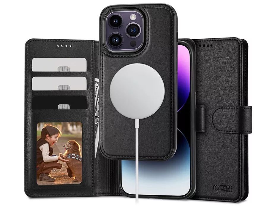 Tech-Protect TP603989 iPhone 15 Pro MagSafe Wallet flipes fekete bőrtok