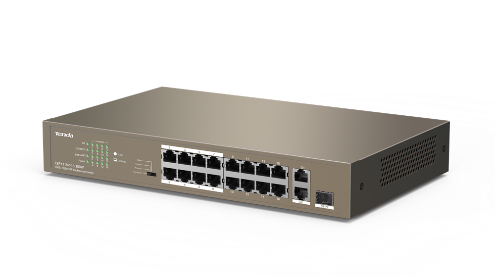 Tenda TEF1118P-16-150W 16xFE PoE LAN 2xGbE LAN 1xSFP port nem menedzselhető PoE switch