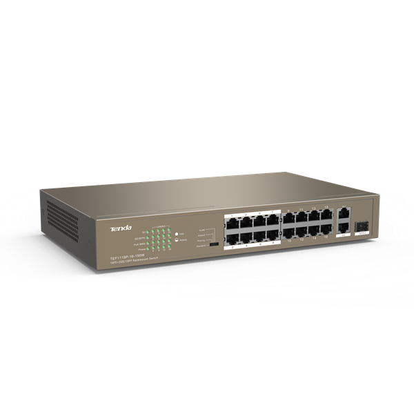 Tenda TEF1118P-16-150W 16xFE PoE LAN 2xGbE LAN 1xSFP port nem menedzselhető PoE switch