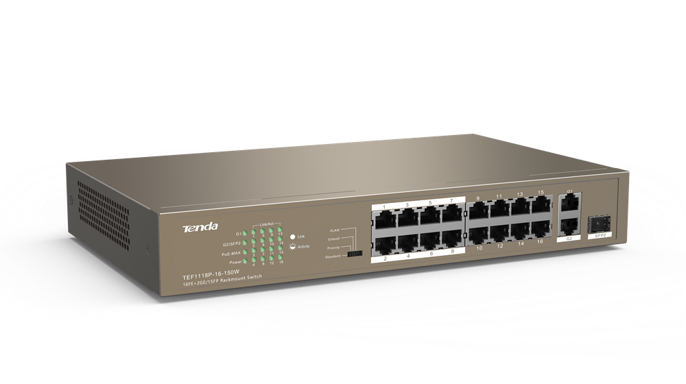 Tenda TEF1118P-16-150W 16xFE PoE LAN 2xGbE LAN 1xSFP port nem menedzselhető PoE switch