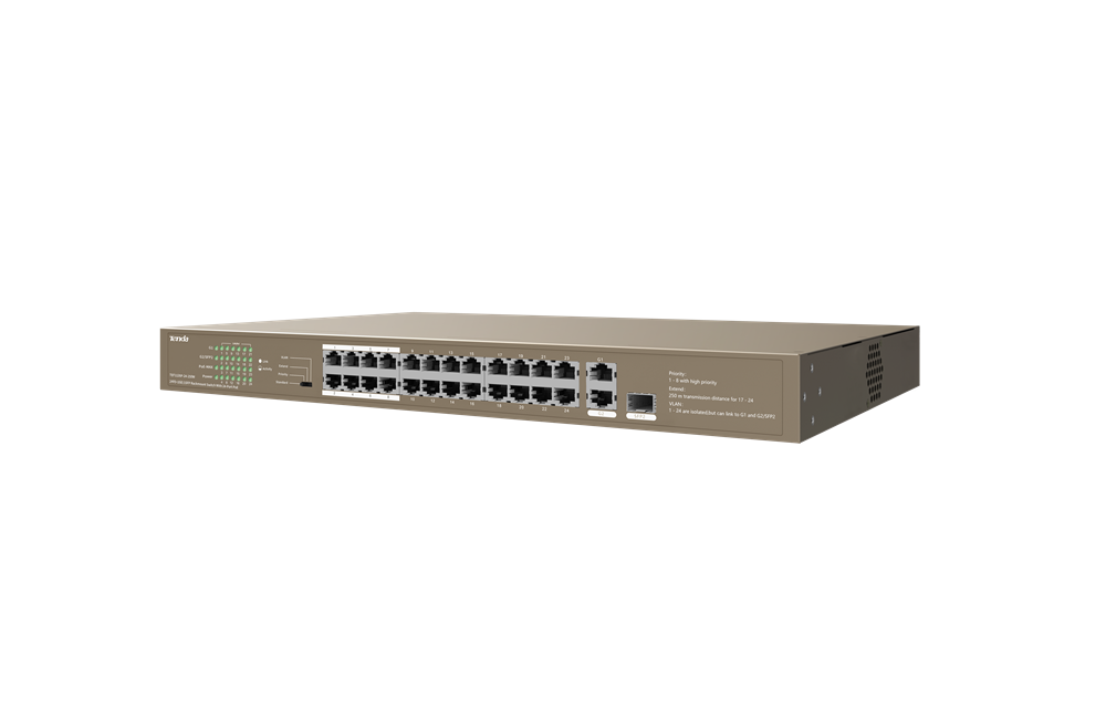 Tenda TEF1126P-24-250W 24xFE PoE LAN 2xGbE LAN 1xSFP port nem menedzselhető PoE switch