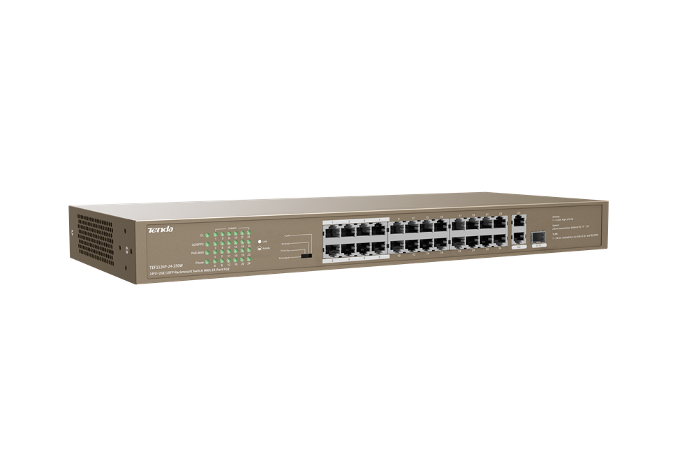 Tenda TEF1126P-24-250W 24xFE PoE LAN 2xGbE LAN 1xSFP port nem menedzselhető PoE switch