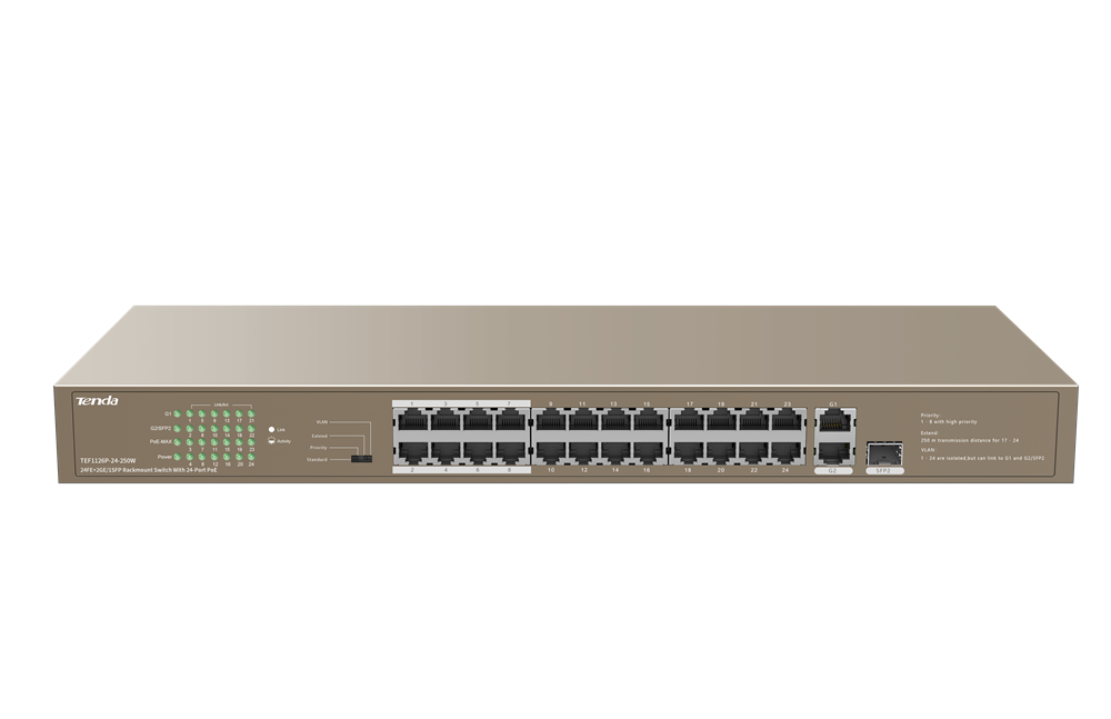 Tenda TEF1126P-24-250W 24xFE PoE LAN 2xGbE LAN 1xSFP port nem menedzselhető PoE switch