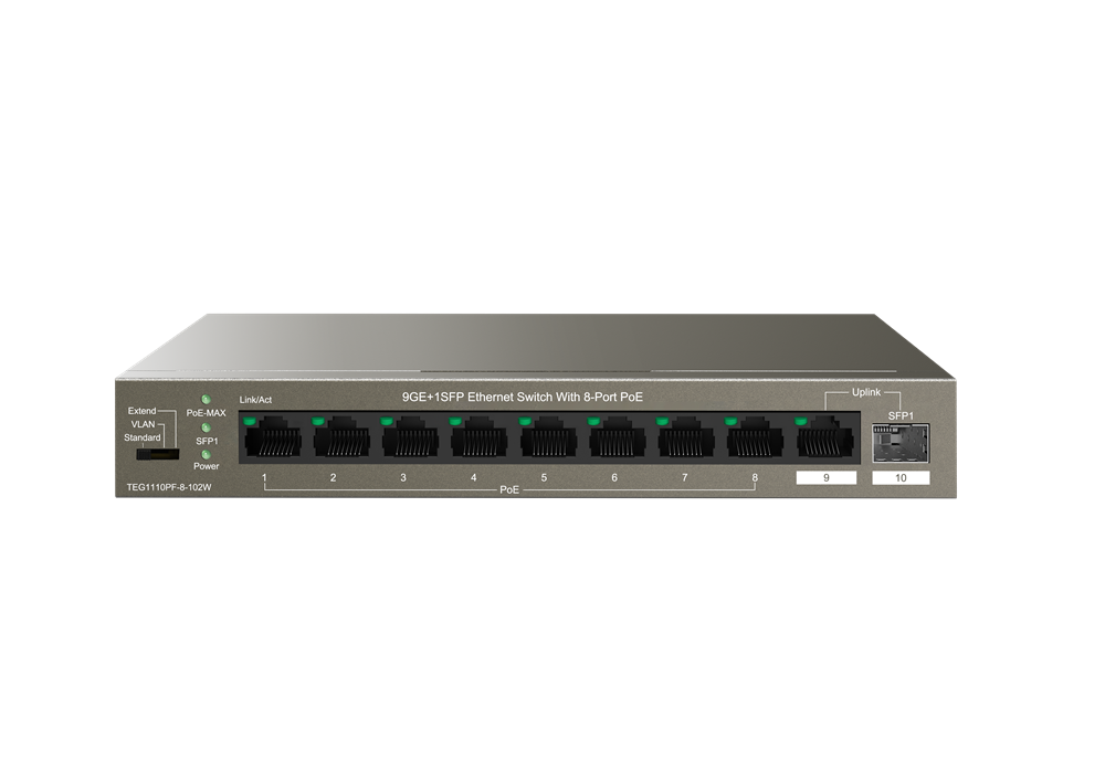 Tenda TEG1110PF-8-102W 8xGbE PoE LAN 1xGbE LAN 1xSFP port nem menedzselhető asztali PoE switch