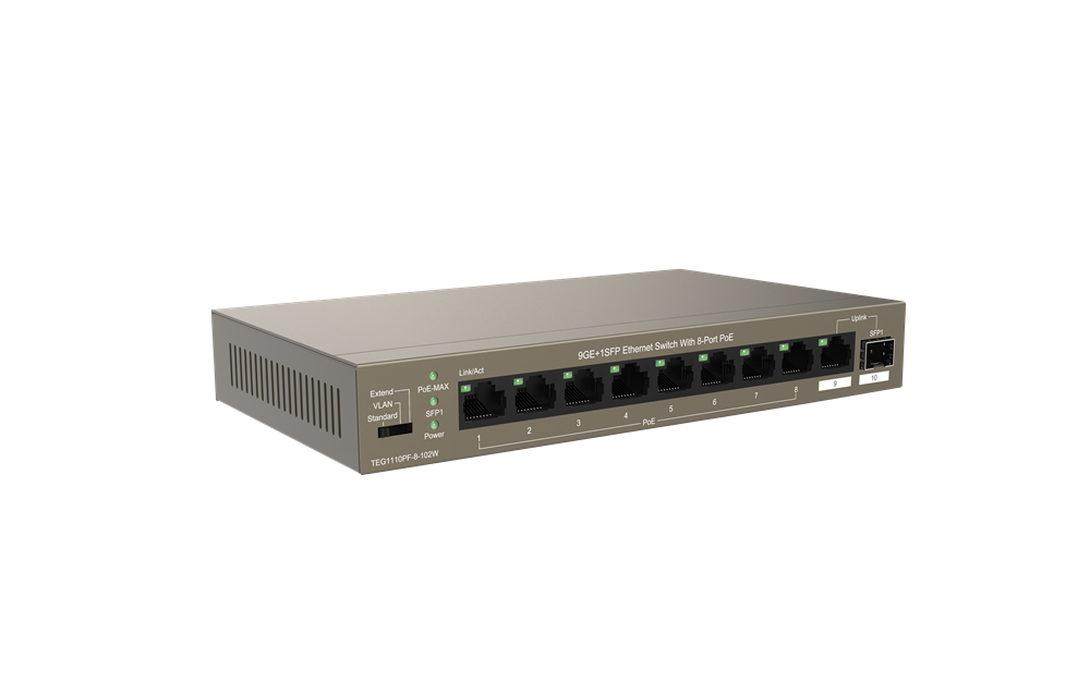 Tenda TEG1110PF-8-102W 8xGbE PoE LAN 1xGbE LAN 1xSFP port nem menedzselhető asztali PoE switch
